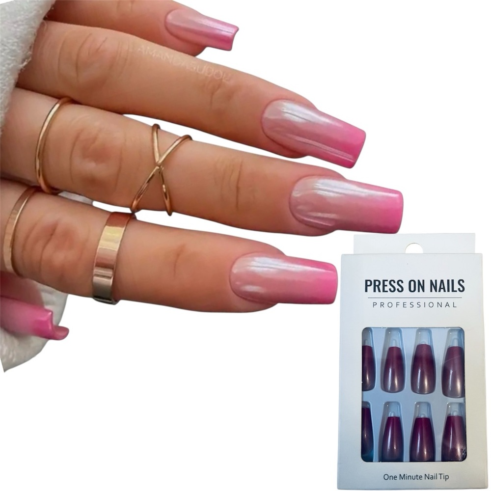 Nail Art Glossy Pink Gradient Press-On Nail Set 24 pcs